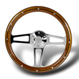 W-Power 14" 350mm 6-Bolt Hole Vintage Style Classic Dark Wood Grip With Billet Stripe Aluminum Finished 3-Spoke Steering Wheel -Chrome Center Spoke