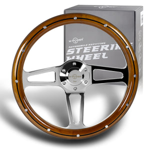 W-Power 14" 350mm 6-Bolt Hole Vintage Style Classic Dark Wood Grip With Billet Stripe Aluminum Finished 3-Spoke Steering Wheel -Chrome Center Spoke