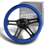 W-Power 14" 350mm 6-Bolt Hole Vintage Style Blue Leather Grip With Aluminum Finished 3-Spoke Steering Wheel -Black Center Spoke