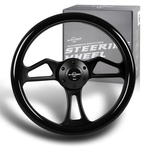 W-Power 14" 350mm 6-Bolt Hole Classic Style Black Wood Grain Grip With Aluminum Finished 3-Spoke Steering Wheel -Black Center Spoke