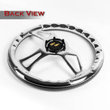 W-Power 14" 350mm 6-Bolt Hole Carbon Fiber Look Style Grain Grip With Aluminum Finished 3-Spoke Steering Wheel -Chrome Center Spoke