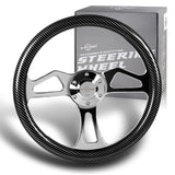 W-Power 14" 350mm 6-Bolt Hole Carbon Fiber Look Style Grain Grip With Aluminum Finished 3-Spoke Steering Wheel -Chrome Center Spoke