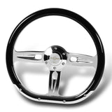 W-Power 14" 350mm 6-Bolt Hole Classic Black Wood Half Wrap Grip With Aluminum Finished 3-Spoke Steering Wheel -Chrome Center Spoke