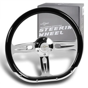 W-Power 14" 350mm 6-Bolt Hole Classic Black Wood Half Wrap Grip With Aluminum Finished 3-Spoke Steering Wheel -Chrome Center Spoke