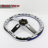 W-Power 14" 350mm 6-Bolt Hole Vinyl Grip With Aluminum Finished 3-Spoke Steering Wheel -Blue Vinyl Wrap/Chrome Center Spoke