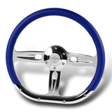 W-Power 14" 350mm 6-Bolt Hole Vinyl Grip With Aluminum Finished 3-Spoke Steering Wheel -Blue Vinyl Wrap/Chrome Center Spoke