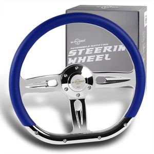 W-Power 14" 350mm 6-Bolt Hole Vinyl Grip With Aluminum Finished 3-Spoke Steering Wheel -Blue Vinyl Wrap/Chrome Center Spoke