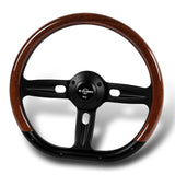 W-Power 14" 350mm 6-Bolt Hole Classic Brown Wood Half Wrap Grip With Aluminum Finished 3-Spoke Steering Wheel -Black Center Spoke