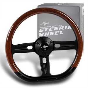 W-Power 14" 350mm 6-Bolt Hole Classic Brown Wood Half Wrap Grip With Aluminum Finished 3-Spoke Steering Wheel -Black Center Spoke