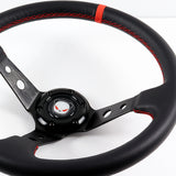 350mm 6-Bolt Hole Black PVC Leather Red Stitch Grip With 4" Deep Dish 3-Spoke Drift Style Steering Wheel