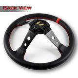 350mm 6-Bolt Hole Black PVC Leather Red Stitch Grip With 4" Deep Dish 3-Spoke Drift Style Steering Wheel