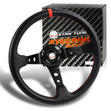 350mm 6-Bolt Hole Black PVC Leather Red Stitch Grip With 4" Deep Dish 3-Spoke Drift Style Steering Wheel