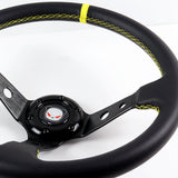 350mm 6-Bolt Hole Black / Yellow PVC Leather Grip With 4" Deep Dish 3-Spoke Drift Style Steering Wheel