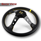 350mm 6-Bolt Hole Black / Yellow PVC Leather Grip With 4" Deep Dish 3-Spoke Drift Style Steering Wheel