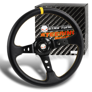 350mm 6-Bolt Hole Black / Yellow PVC Leather Grip With 4" Deep Dish 3-Spoke Drift Style Steering Wheel