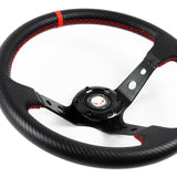 350mm 6-Bolt Hole Carbon Fiber Look PVC Leather Red Stitch Grip With 3.5" Deep Dish 3-Spoke Drift Style Steering Wheel