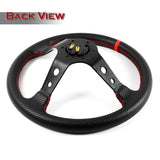 350mm 6-Bolt Hole Carbon Fiber Look PVC Leather Red Stitch Grip With 3.5" Deep Dish 3-Spoke Drift Style Steering Wheel