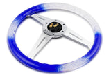 W-Power JDM Euro VIP Style 350mm 6-Bolt Hole Blue / Clear Diamond Crystal Bubble Grip With Aluminum Finished Silver 3-Spoke Steering Wheel