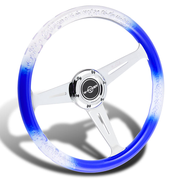 W-Power JDM Euro VIP Style 350mm 6-Bolt Hole Blue / Clear Diamond Crystal Bubble Grip With Aluminum Finished Silver 3-Spoke Steering Wheel