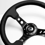 NRG 14" 350mm 6-Bolt Hole Black Leather Grip With Aluminum Finished 3-Spoke 3.5 Inches Deep Dish Racing Steering Wheel -Black Center