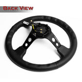 NRG 14" 350mm 6-Bolt Hole Black Leather Grip With Aluminum Finished 3-Spoke 3.5 Inches Deep Dish Racing Steering Wheel -Black Center