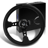 NRG 14" 350mm 6-Bolt Hole Black Leather Grip With Aluminum Finished 3-Spoke 3.5 Inches Deep Dish Racing Steering Wheel -Black Center