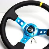 NRG 14" 350mm 6-Bolt Hole Black Leather Yellow Stripe Grip With Aluminum Finished 3-Spoke 3.5 Inches Deep Dish Racing Steering Wheel RST-006BL-Y -Blue Center