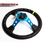 NRG 14" 350mm 6-Bolt Hole Black Leather Yellow Stripe Grip With Aluminum Finished 3-Spoke 3.5 Inches Deep Dish Racing Steering Wheel RST-006BL-Y -Blue Center