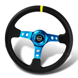 NRG 14" 350mm 6-Bolt Hole Black Leather Yellow Stripe Grip With Aluminum Finished 3-Spoke 3.5 Inches Deep Dish Racing Steering Wheel RST-006BL-Y -Blue Center