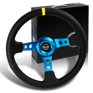 NRG 14" 350mm 6-Bolt Hole Black Leather Yellow Stripe Grip With Aluminum Finished 3-Spoke 3.5 Inches Deep Dish Racing Steering Wheel RST-006BL-Y -Blue Center