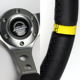 NRG 14" 350mm 6-Bolt Hole Black Leather Yellow Stripe Grip With Aluminum Finished 3-Spoke 3 Inches Deep Dish Racing Steering Wheel RST-006GM-Y -Gun Metal Center