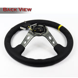 NRG 14" 350mm 6-Bolt Hole Black Leather Yellow Stripe Grip With Aluminum Finished 3-Spoke 3 Inches Deep Dish Racing Steering Wheel RST-006GM-Y -Gun Metal Center