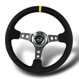 NRG 14" 350mm 6-Bolt Hole Black Leather Yellow Stripe Grip With Aluminum Finished 3-Spoke 3 Inches Deep Dish Racing Steering Wheel RST-006GM-Y -Gun Metal Center