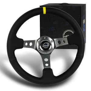 NRG 14" 350mm 6-Bolt Hole Black Leather Yellow Stripe Grip With Aluminum Finished 3-Spoke 3 Inches Deep Dish Racing Steering Wheel RST-006GM-Y -Gun Metal Center