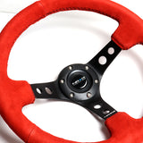 NRG 14" 350mm 6-Bolt Hole Red Suede Grip With Aluminum Finished 3-Spoke 3.5 Inches Deep Dish Racing Steering Wheel RST-006S-RR -Black Center