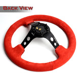 NRG 14" 350mm 6-Bolt Hole Red Suede Grip With Aluminum Finished 3-Spoke 3.5 Inches Deep Dish Racing Steering Wheel RST-006S-RR -Black Center