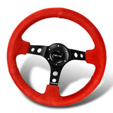 NRG 14" 350mm 6-Bolt Hole Red Suede Grip With Aluminum Finished 3-Spoke 3.5 Inches Deep Dish Racing Steering Wheel RST-006S-RR -Black Center