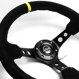 NRG 14" 350mm 6-Bolt Hole Black Suede Yellow Stripe Grip With Aluminum Finished 3-Spoke 3.5 Inches Deep Dish Racing Steering Wheel RST-006S-Y -Black Center