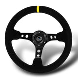 NRG 14" 350mm 6-Bolt Hole Black Suede Yellow Stripe Grip With Aluminum Finished 3-Spoke 3.5 Inches Deep Dish Racing Steering Wheel RST-006S-Y -Black Center