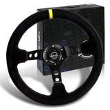 NRG 14" 350mm 6-Bolt Hole Black Suede Yellow Stripe Grip With Aluminum Finished 3-Spoke 3.5 Inches Deep Dish Racing Steering Wheel RST-006S-Y -Black Center