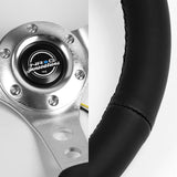 NRG 14" 350mm 6-Bolt Hole Black Leather Grip With Aluminum Finished 3-Spoke 3 Inches Deep Dish Racing Steering Wheel RST-006SL -Silver Center