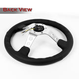 NRG 14" 350mm 6-Bolt Hole Black Leather Grip With Aluminum Finished 3-Spoke 3 Inches Deep Dish Racing Steering Wheel RST-006SL -Silver Center