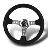 NRG 14" 350mm 6-Bolt Hole Black Leather Grip With Aluminum Finished 3-Spoke 3 Inches Deep Dish Racing Steering Wheel RST-006SL -Silver Center