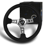 NRG 14" 350mm 6-Bolt Hole Black Leather Grip With Aluminum Finished 3-Spoke 3 Inches Deep Dish Racing Steering Wheel RST-006SL -Silver Center