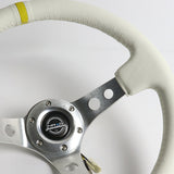 NRG 13.5" 350mm 6-Bolt Hole White Leather Grip With Aluminum Finished 3-Spoke 3.5 Inches Deep Dish Racing Steering Wheel RST-006WT-Y -Silver Center