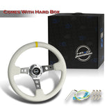 NRG 13.5" 350mm 6-Bolt Hole White Leather Grip With Aluminum Finished 3-Spoke 3.5 Inches Deep Dish Racing Steering Wheel RST-006WT-Y -Silver Center