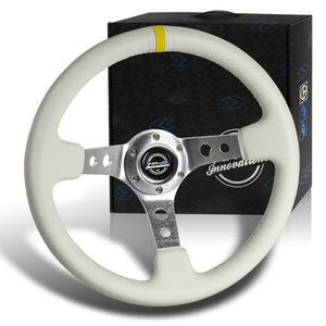 NRG 13.5" 350mm 6-Bolt Hole White Leather Grip With Aluminum Finished 3-Spoke 3.5 Inches Deep Dish Racing Steering Wheel RST-006WT-Y -Silver Center