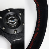 NRG Racing Style 14" 350mm 6-Bolt Hole Black Suede Grip With Aluminum Finished 3-Spoke Black Center Steering Wheel RST-009S-RS -Red Stitch