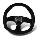 NRG Racing Style 14" 350mm 6-Bolt Hole Black Suede Grip With Aluminum Finished 3-Spoke Black Center Steering Wheel RST-009S-RS -Red Stitch