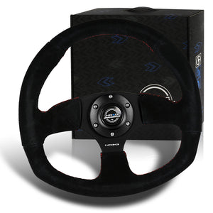 NRG Racing Style 14" 350mm 6-Bolt Hole Black Suede Grip With Aluminum Finished 3-Spoke Black Center Steering Wheel RST-009S-RS -Red Stitch